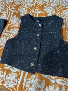 Zara Black Tweed Cropped Jacket with Gold Knot Buttons